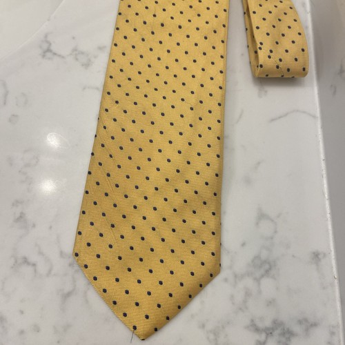 Brooks Brothers gelbe Krawatte mit marineblauen Tupfen 100 % Seide klassisch adrett USA - Bild 1 von 7