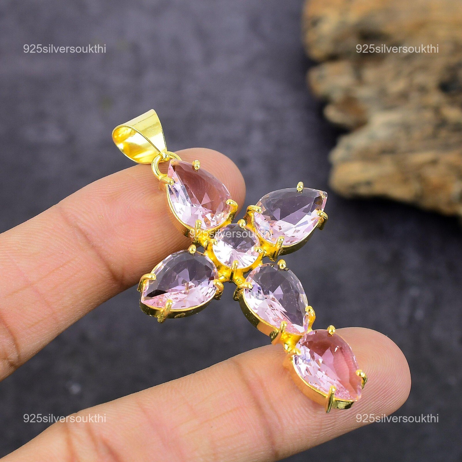 18K Gold Plated Silver Pink Morganite Ethnic Prong Pendant Necklace