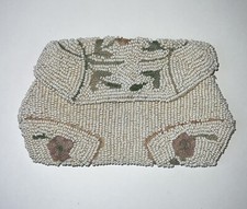 VTG 1920's hand made Belgium Beaded 5" embroidered ivory floral Coin Purse JB