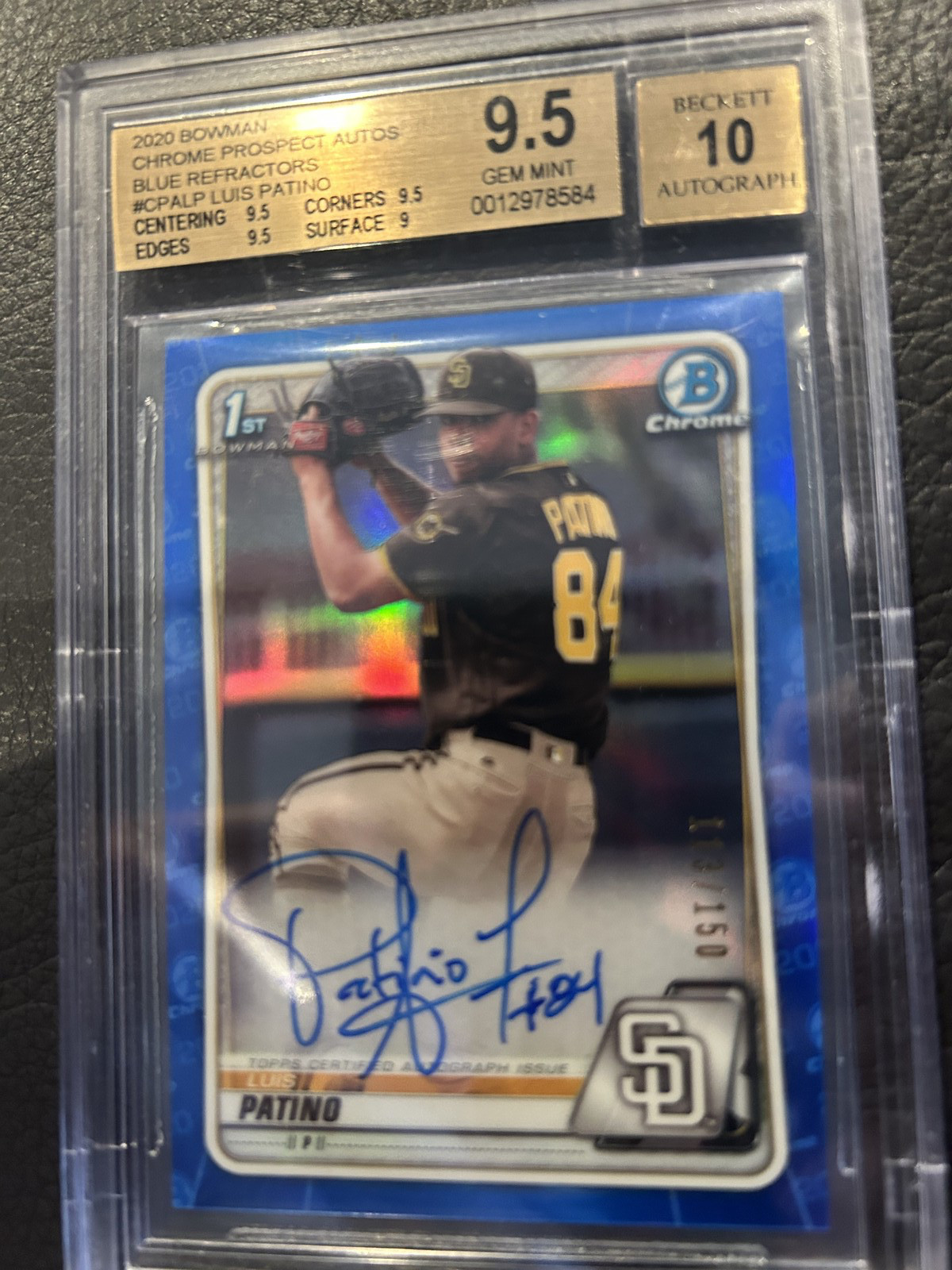 Luis Patino 2020 Bowman Chrome Blue Refractor Auto 1st /150