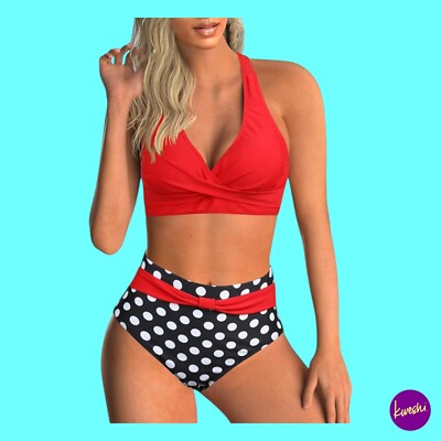 ADIGABER Damen Zweiteiliges Bikini Set, Polka Dot, Rot, UK XL | EU XL | US XL