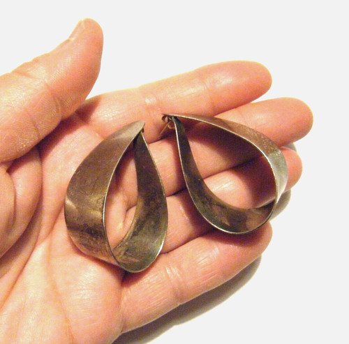 Large Vintage Modernist Jondell Spain Sterling Silver Teardrop Hoop Earrings