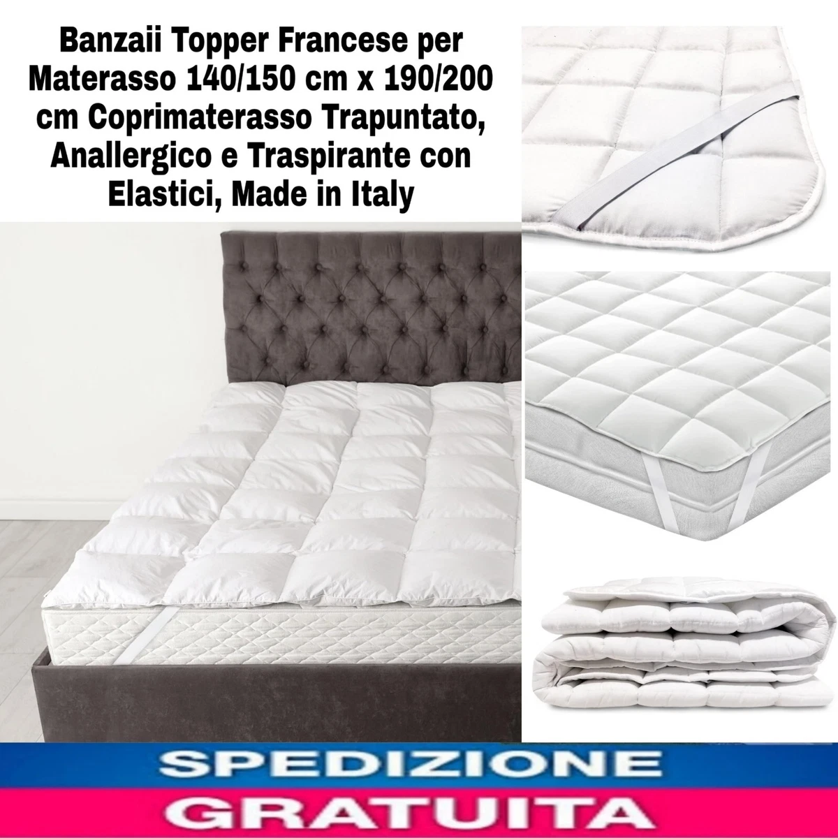 Topper Coprimaterasso Imbottito Antibatterico BIANCHERIAWEB - Matrimoniale 160x190cm, Made In Italy Con Elastici, Ipoallergenico