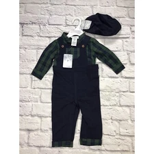 Tommy Bahama Baby Boy Size 9mo Navy Overalls Plaid Shirt and Hat Set