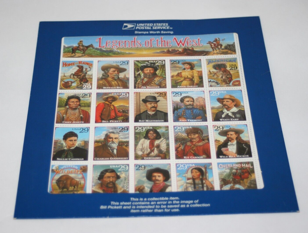 1993 Legends of the West ERROR SHEET USA 20 x 29c Unused