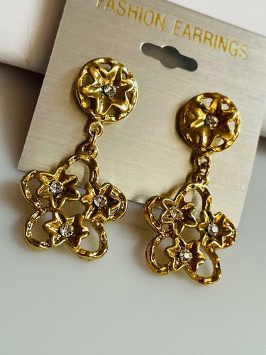 Classy Gold Plated Diamanté Flower Dangal Drop Earrings - Picture 5 of 5