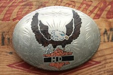 Vtg HD Eagle Hand Made Turquoise Coral Wood Inlay Bikers Western Belt Buckle