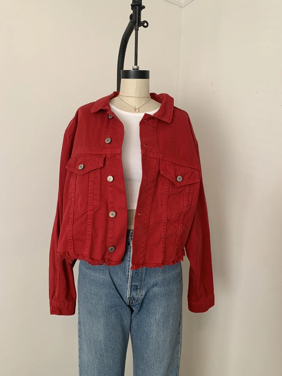 New! Brandy Melville Red Cropped Frayed B Denim Jacket NWT - S/M