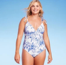  Kona Sol Shoulder Tie Medium Coverage One Piece Swimsuit Large Blue Floral 