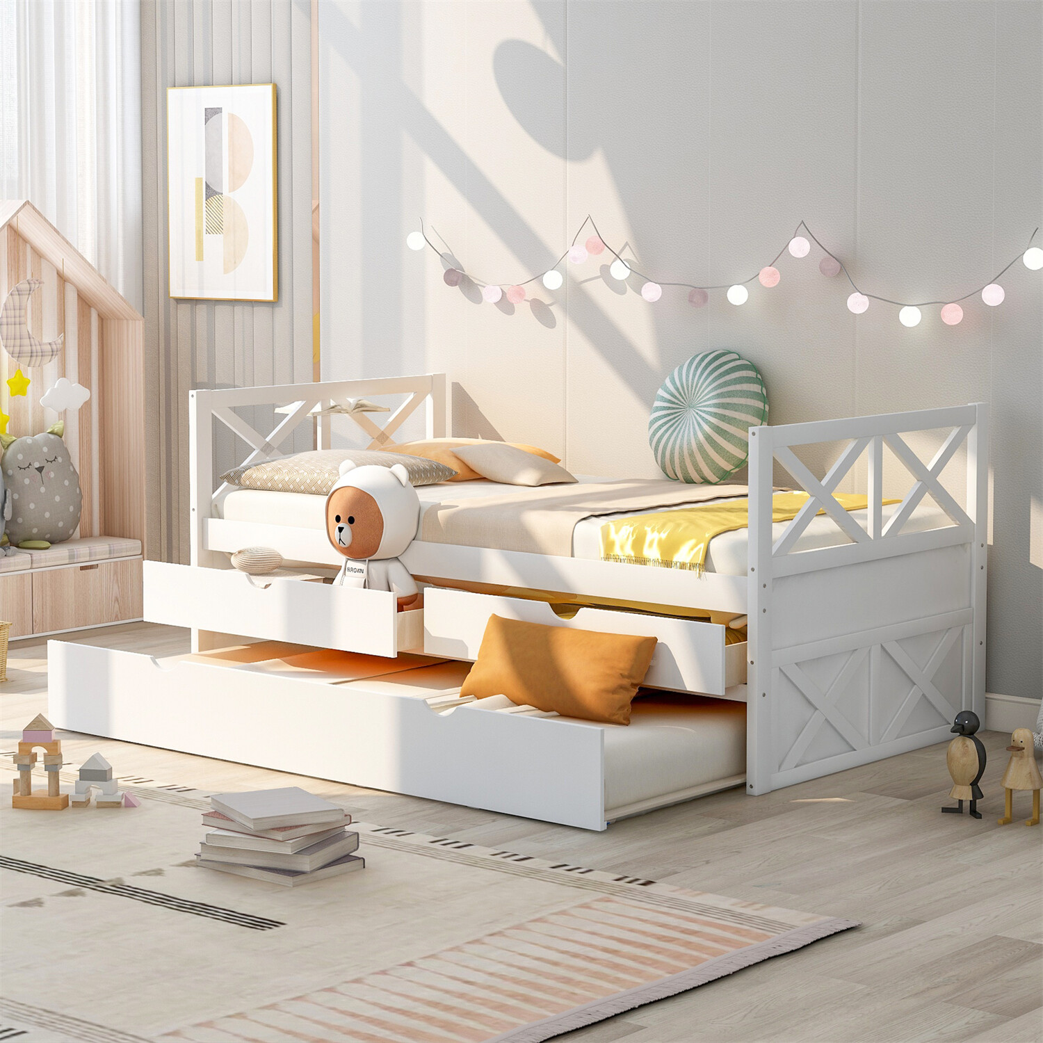 Twin Daybed with Trundle & Storage Drawers, Wood Slat Support in White