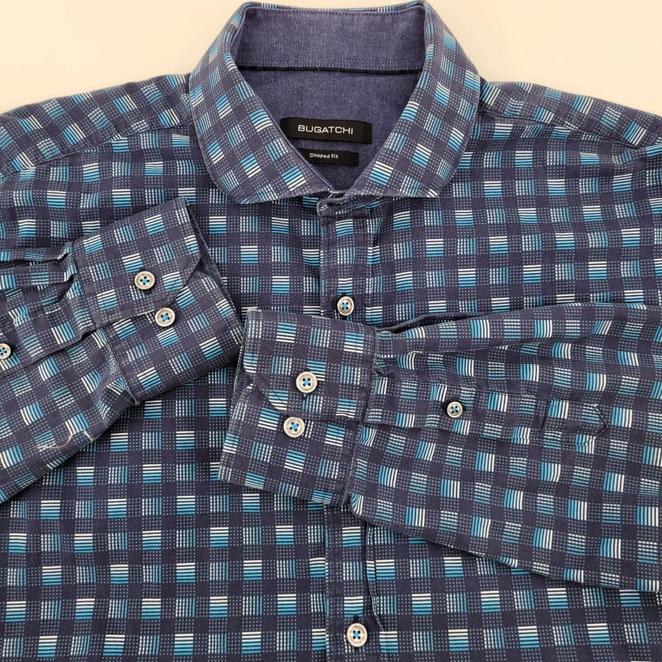 BUGATCHI Men's MED Shaped Fit Blue Geometric Cotton Button Up Long Sleeve Shirt - Image 4 of 4