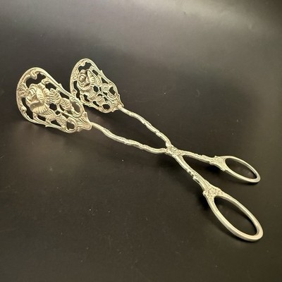 ドイツ 薔薇 ローズ アンティーク シルバー トング 800 シルバープレート Vintage 800 German Sterling Silver Ornate Rose Flower 6.25” Pastry