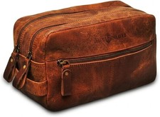Unisex Soft Brown Leather Travel Wash Toiletry Bag Grooming Kit Pouch Bag