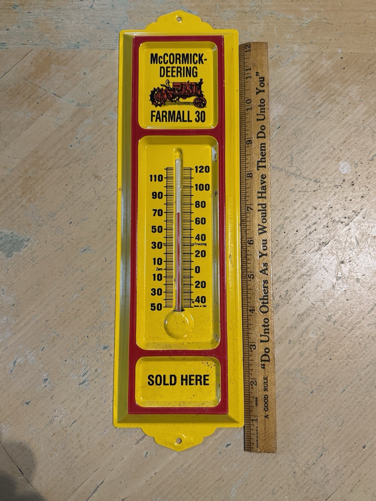 McCORMICK - DEERING FARMALL 30 SOLD HERE Advertising Embossed Thermometer