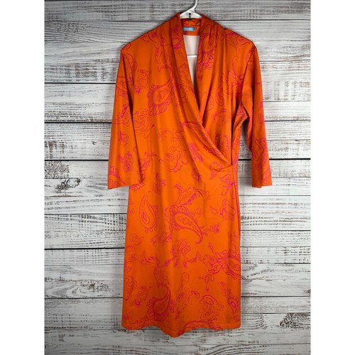 J.McLaughlin Faux Wrap Orange Pink Midi Dress Catalina Stretch XL Bright Spring - Picture 2 of 7