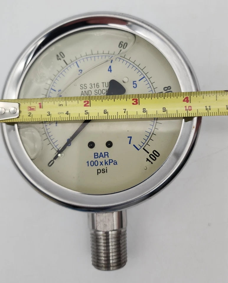 100 PSI LIQUID FILLED PRESSURE GAUGE SS 7 BAR PRESSURE GAUGE 4" FACE 3/4" NPT - Image 2 of 4