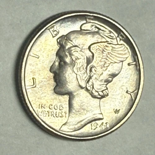 1943 MERCURY silver U.S. dime. Satiny white gem BU. #q1