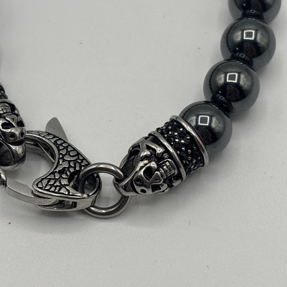 Blackjack Jewelry Men’s Genuine Hematite Stone Beaded Bracelet Skulls - Image 2 of 4
