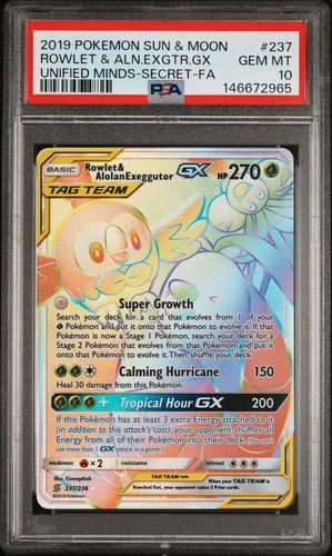 Pokemon Card PSA 10 Rowlet & Alolan Exeggutor GX 237/236 Unified Minds