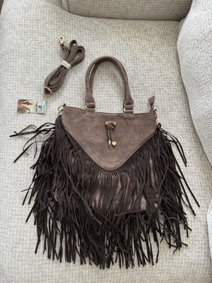 Heritage West  Faux Suede Leather Fringe Tassel Crossbody Shoulder Bag