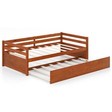 Costway Twin Size Trundle Platform Bed Frame with Wooden Slat Support Walnut - C