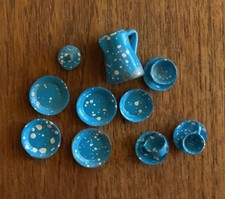 Miniature Dollhouse Dish Set 13 Vintage Enamelware Blue  White Mini Kettle Cups