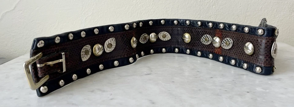 VINTAGE 1980's Studded BELT Black Leather Brown Snake Skin Waist 27”-29” - Image 4 of 4