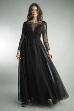Sequined Tulle Long-Sleeve Evening Gown