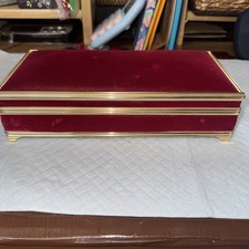 Vintage Mirrored Red Velvet Jewelry Dresser Box • Brass Frame • 10” L  Japan