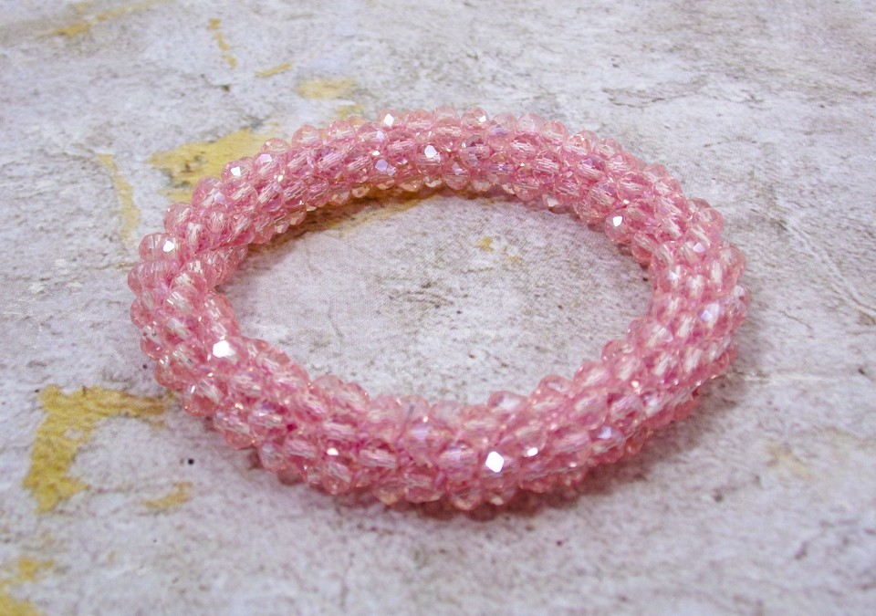 Pink glass bead stretch bracelet in a thick rope look design all glass ...
