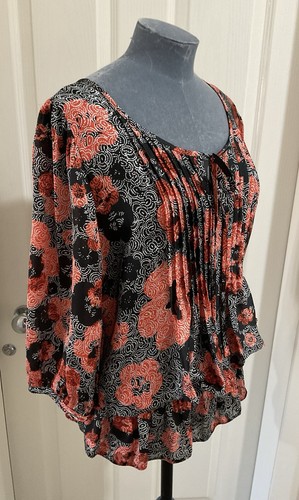 Wallis Size 14 Orange & Black Floral Pleated Tie Front Top Holiday Cruise - Picture 3 of 11