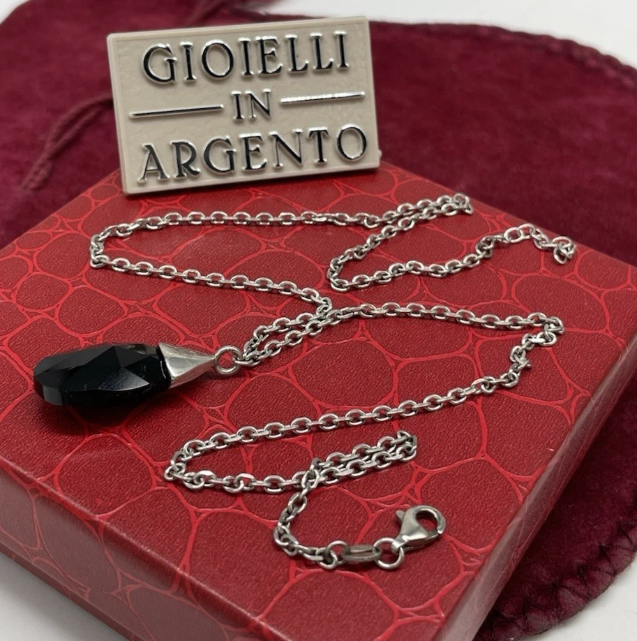 Collana Donna Ginevra Elegante e ciondolo Onice nero briolè a goccia Argento 925 - Immagine 2 di 4