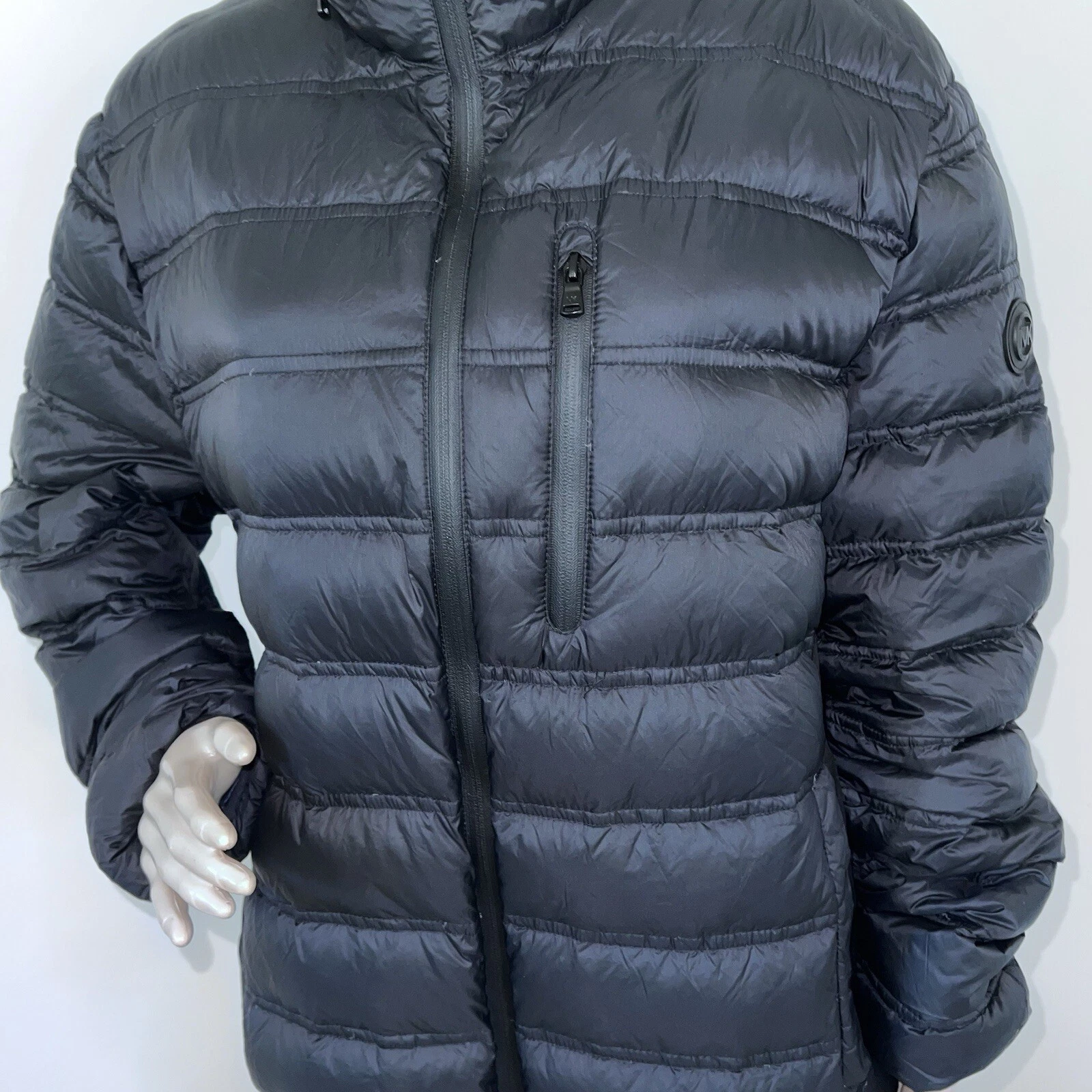 Michael Kors XL (L) Piumino Imbottito Nero Puffer Giacca Cappotto Cappuccio Borsa Tasche Zip