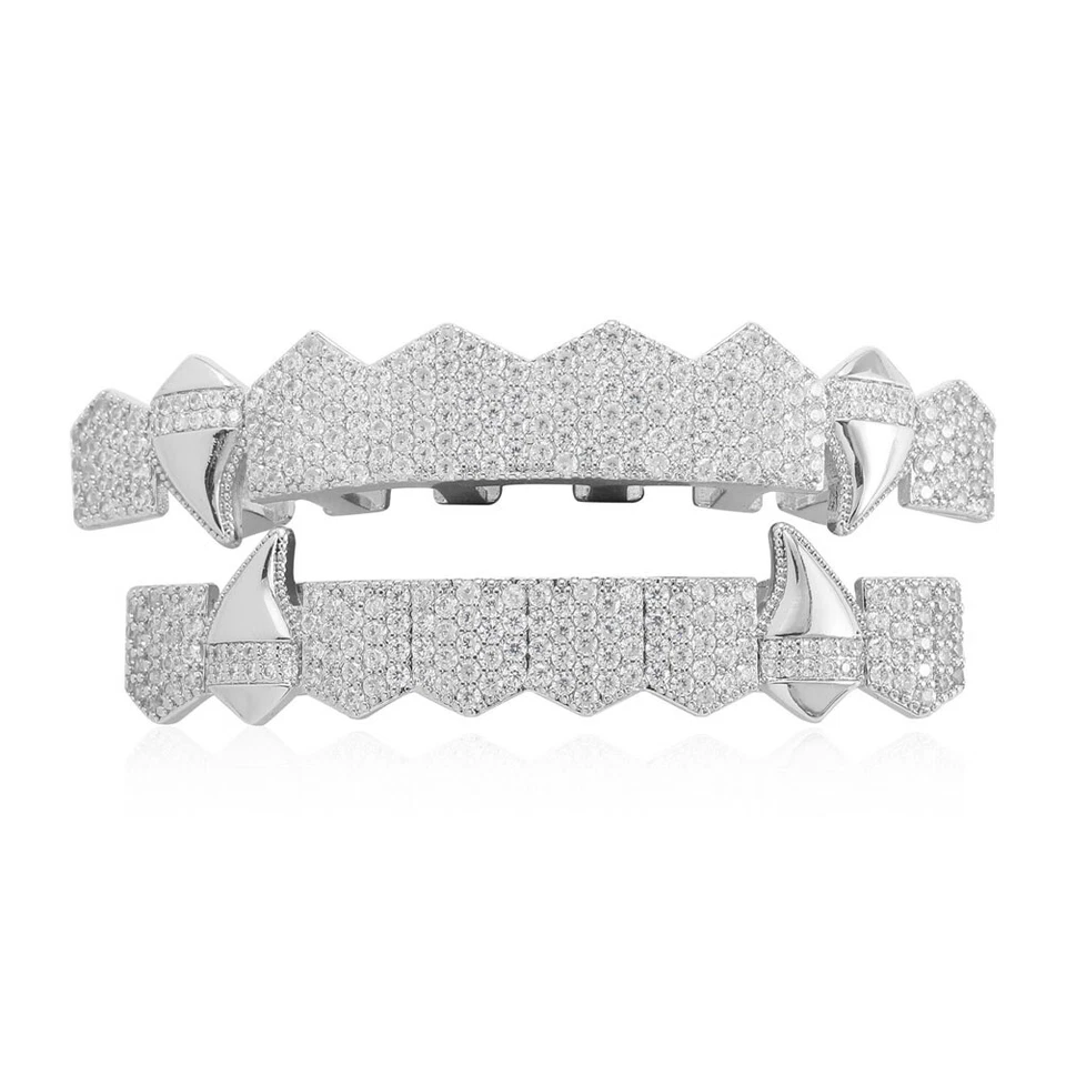 Colmillos Hip Hop Parrillas Grandes 8Top 8Bottom Set 5A+ Circonita cúbica Oro Plateado Dientes Parrilla Foto 2 de 4