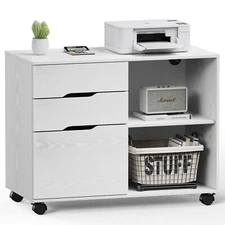 Mobile Lateral File Cabinet with 3 Storage Drawers, Open Shelf, and Wheels