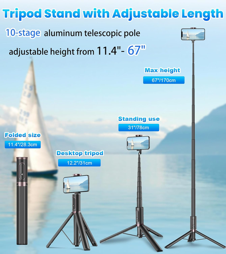 TONEOF 67" Cell Phone Selfie Stick Tripod,Smartphone Stand All-In-1 with Integra - Picture 3 of 12