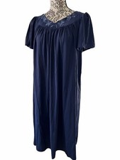 MISS ELAINE Classics Navy Silky Nylon Nightgown Short Sleeve Embroidered L NWT