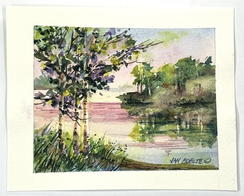 Sunset Over Water By Forest Watercolor Painting Jan Boelte 5x6” Fine Art Dusk 🌅 - 第 2/9 張圖片