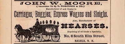 1875 John W. Moore Carriages Buggies Express Wagons Sleighs Hearses NASHUA NH