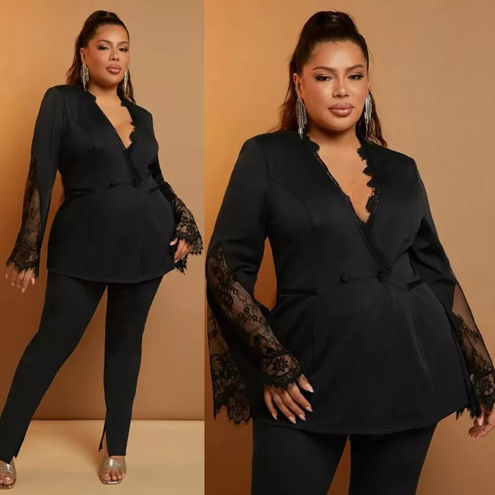 Plus Size Women Suits Black Lace Formal Ladies Office Wear Evening Party  Blazer