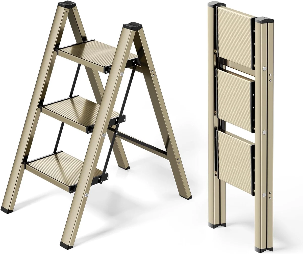 Small Aluminium 3 Step Ladder 150KG Lightweight Folding Portable Kitchen Gold