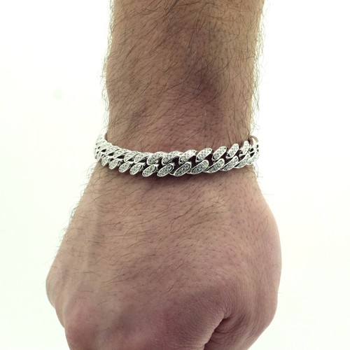 Moissanite Iced Cuban Bracelet 14K White Gold over 925 Sterling Silver