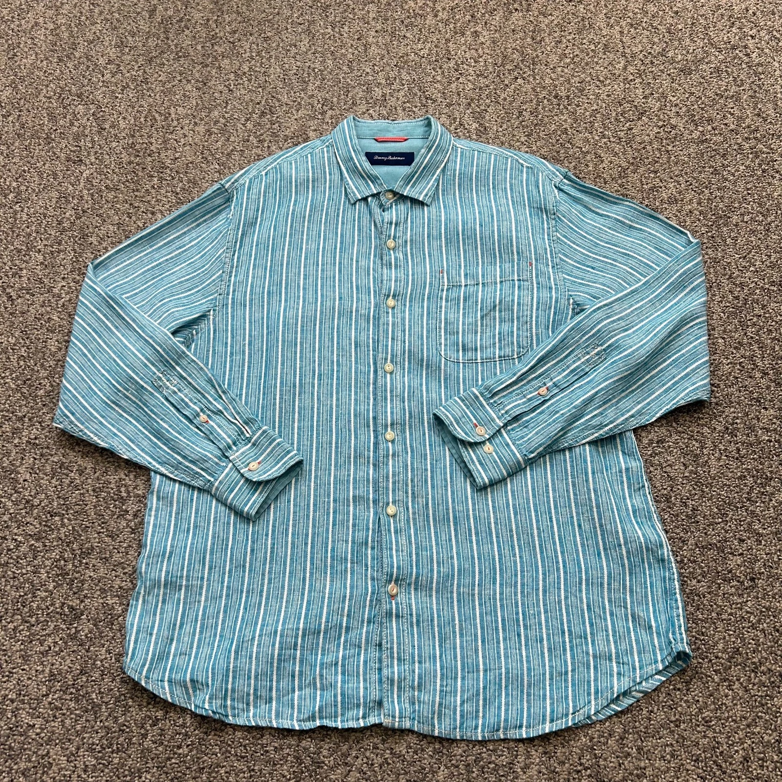Tommy Bahama 100% Linen Blue White Striped Shirt Mens XL Long Sleeve