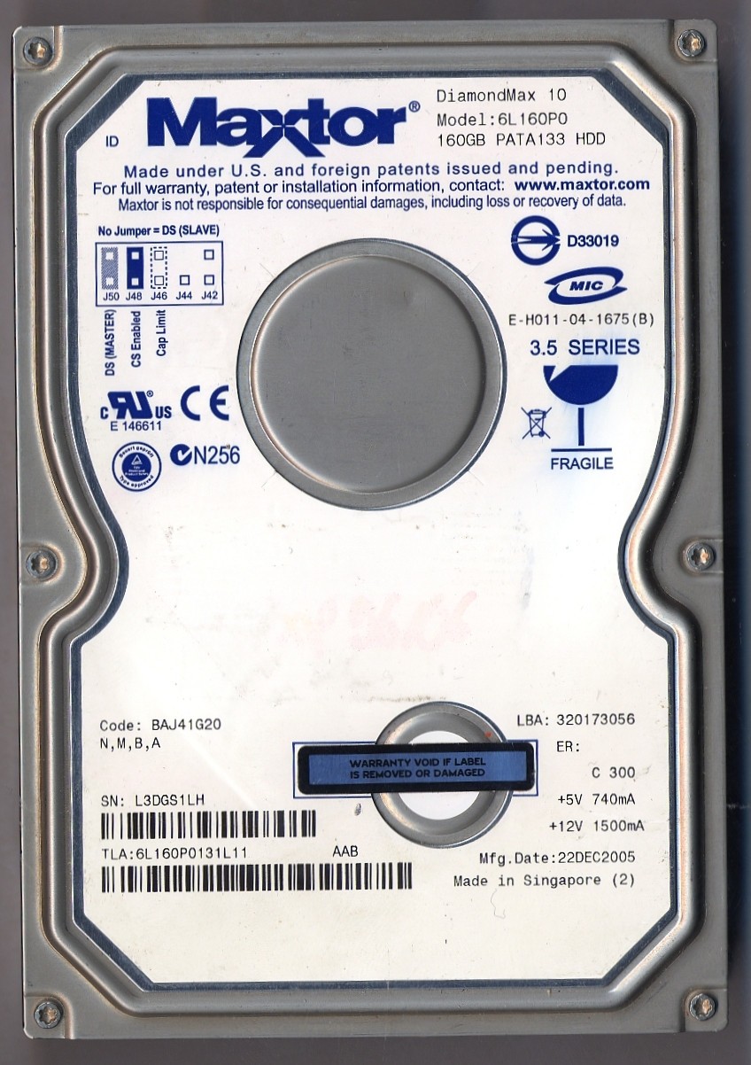Hard disk 3.5" IDE 160 Gb senza settori danneggiati - Maxtor 6L160P0