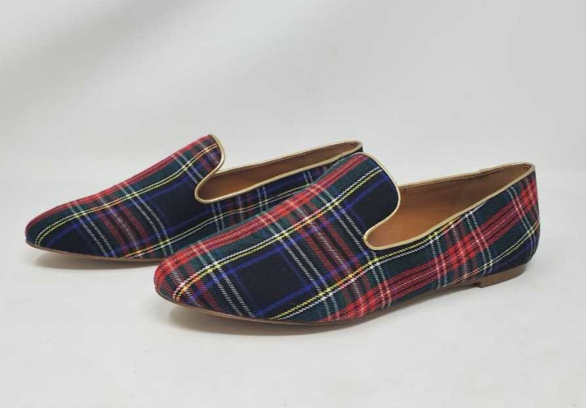 J. Crew Factory Plaid Slip-On Loafers in Red & Navy with Gold Trim J.Crew Factory Womens Holiday Tartan Plaid Print Smoking  main image 2