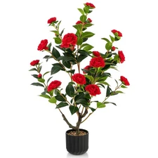 38" Artificial Camellia Tree Fake Tree Faux Floral Plant for Decoration Red