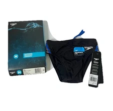 NEW IN BOX SPEEDO Performance Quark Splice Black Blue Swim Brief Boys Size 22 ML