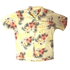 VTG Island Shores Yellow Floral Hibiscus Palm 100 Silk Hawaiian Shirt L