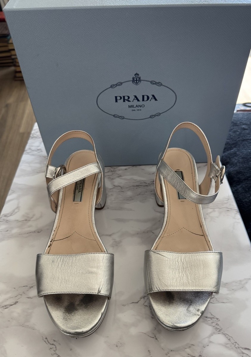 ✨ Prada Silver Leather Ankle Strap Block Heel Sandals EU 39 Box