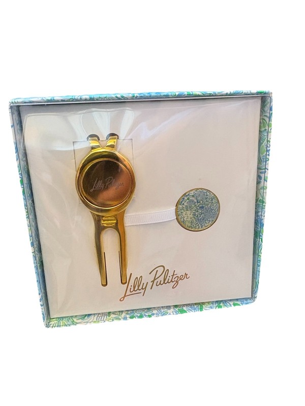 LILLY PULITZER GOLD DIVOT TOOL & DANDY LIONS BALL MARKER NEW IN SEALED BOX
